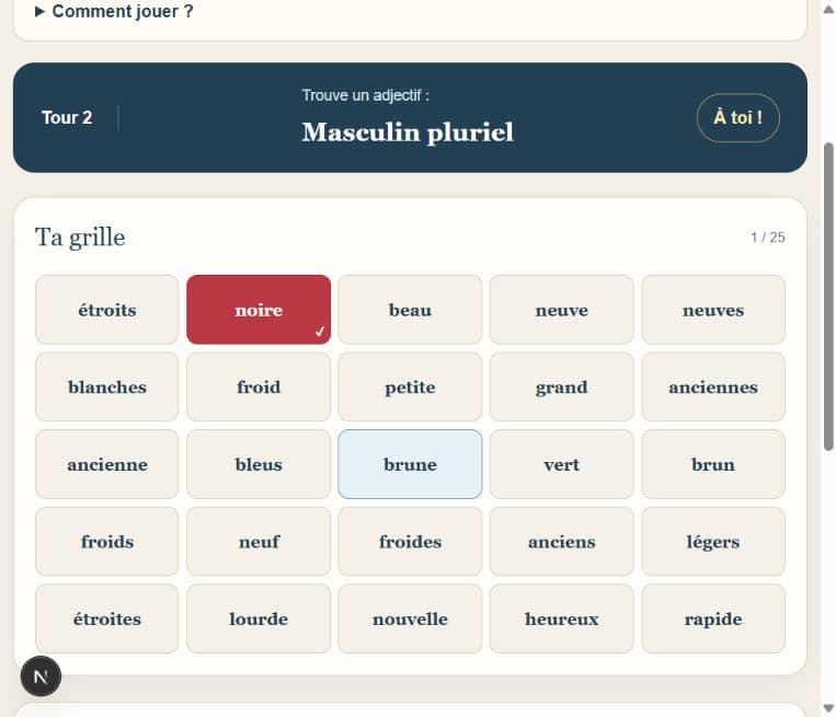Le bingo des adjectifs en cours de partie
