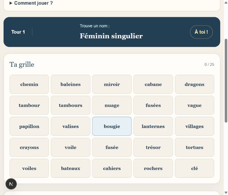 Le bingo des noms en cours de partie