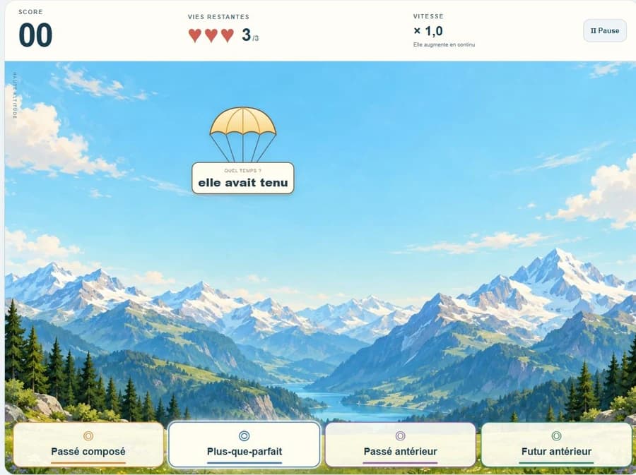 Une partie des parachutes grammaticaux dans les montagnes
